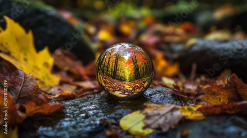 A mesmerizing orb reflects the beauty of autumn leaves and trees in vibrant colors. Nature captured in a moment. A unique perspective of the forest landscape. Generative AI