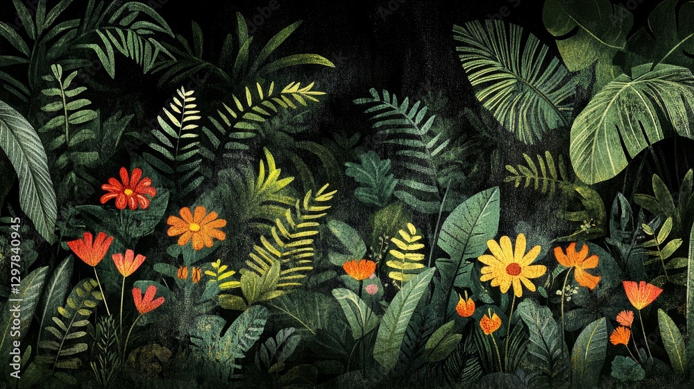 Naklejka premium Enigmatic jungle flora artwork dense foliage and vibrant flowers tropical atmosphere mysterious nature concept illustration