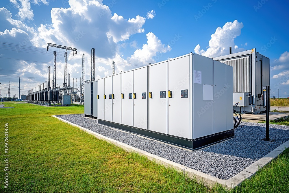 Obraz premium Modern Electrical Substation on Sunny Day