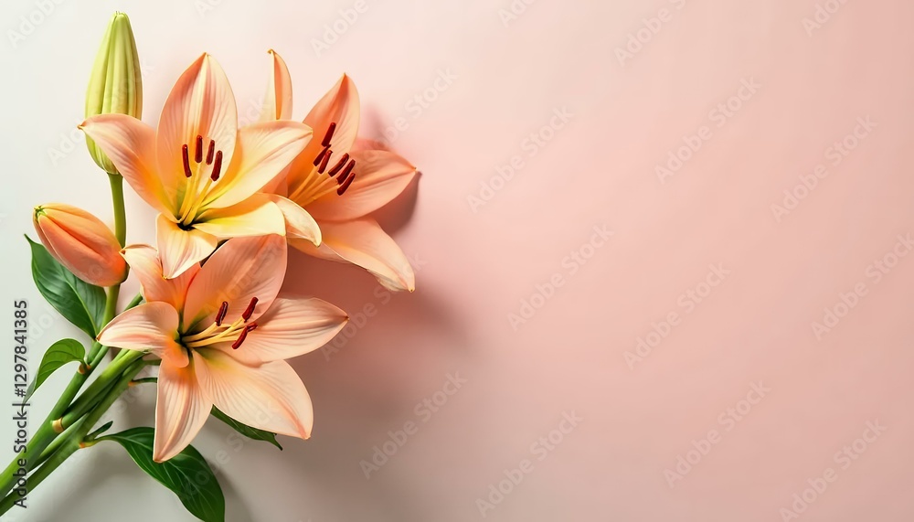 Obraz premium Peach-Lily-Flowers_Pink-Background_Floral-Still-Life
