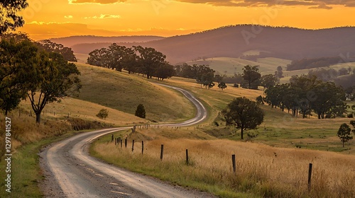 A winding country road through rolling golden hills under a vibrant orange sky