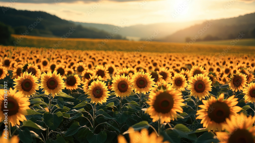 Fototapeta premium vibrant sunflower field under golden sunset, showcasing nature beauty and tranquility