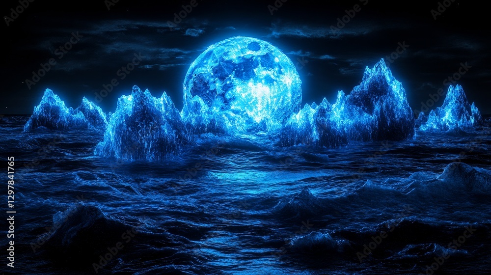 Fototapeta premium Galactic sphere hovering over ethereal horizon under the night sky with sparkling reflections and celestial mysteries in blue tones