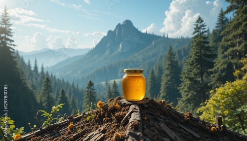 In the midst of a breathtakingly gorgeous forest, a jar of honey is situated on the roof of a hive.