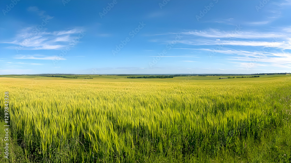 Vast Golden Wheat Field Under a Bright Blue Sky with Wispy Clouds and Panoramic View Vast Golden Wheat Field Under a Bright Blue Sky with Wispy Clouds and Panoramic View