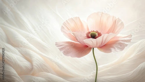 A Delicate Pink Poppy Blossom Resting Gracefully Upon Soft, Draped Fabric, Illuminated by Gentle Light