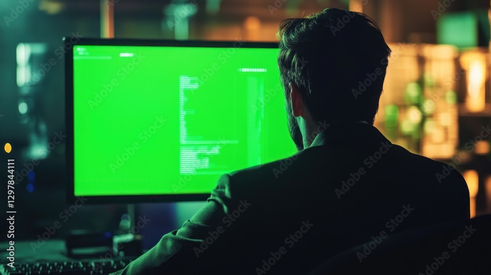 Cybersecurity expert monitoring code on screen for potential threats analysis Cybersecurity expert monitoring code on screen for potential threats analysis