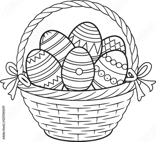 A basket or hamper full of painted Easter eggs in black and white outline.