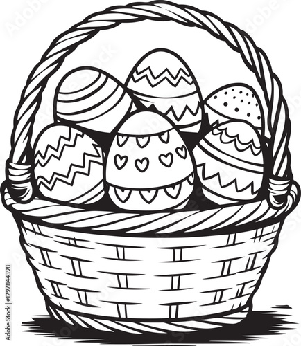 A basket or hamper full of painted Easter eggs in black and white outline.