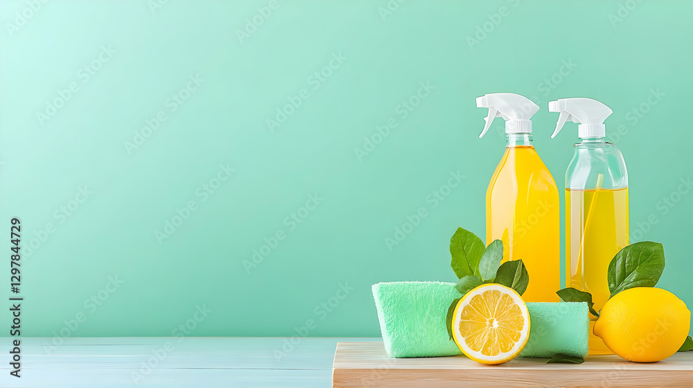 Fototapeta premium Cleaning Products with Lemon Sponge and Green Leaves on Wooden Surface