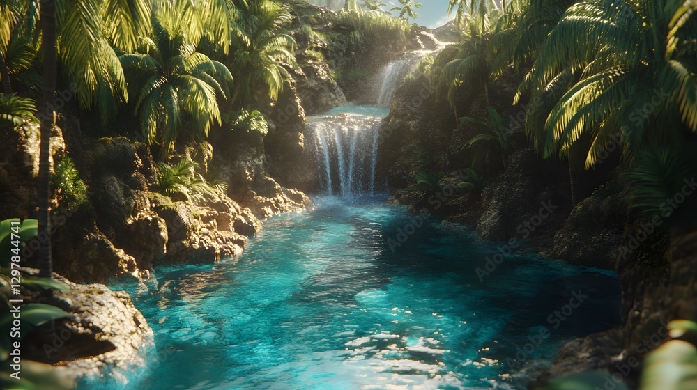 Naklejka premium Serene Tropical Waterfall: A breathtaking tropical oasis unveils a cascade of pristine waterfall, inviting you to immerse yourself in its tranquil embrace. Lush foliage flourishes.