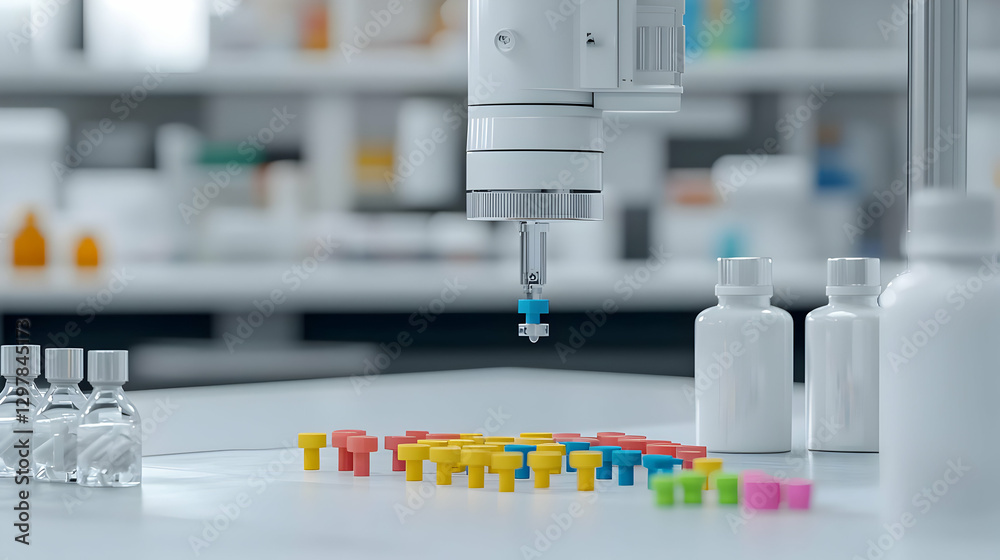Automated Robotic Arm Assembling Colorful Components On White Tabletop In A Laboratory Setting Automated Robotic Arm Assembling Colorful Components On White Tabletop In A Laboratory Setting
