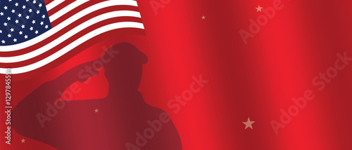 Background is silk red with a flog of the USA with a soldier. With space for text. Vector 10 eps