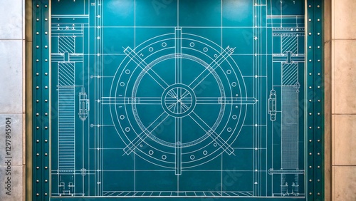 Blueprint Design of a Vault Door on a Teal Background with Industrial Elements