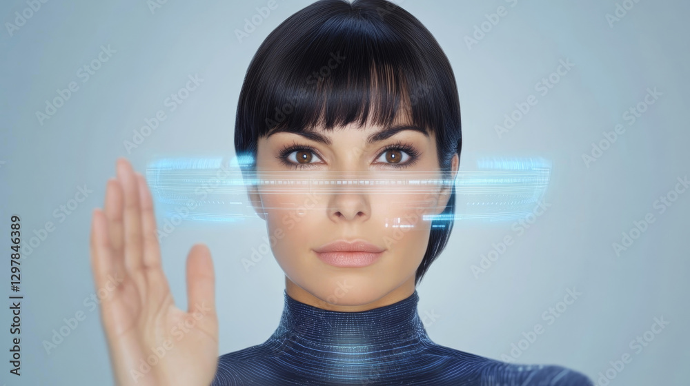 Digital woman interacting with holographic technology in a futuristic environment Digital woman interacting with holographic technology in a futuristic environment