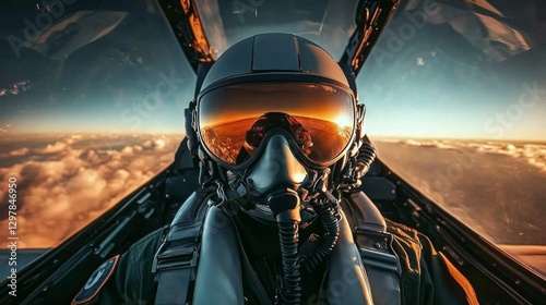 The cockpit of a fighter jet showcases a masked and helmeted pilot.