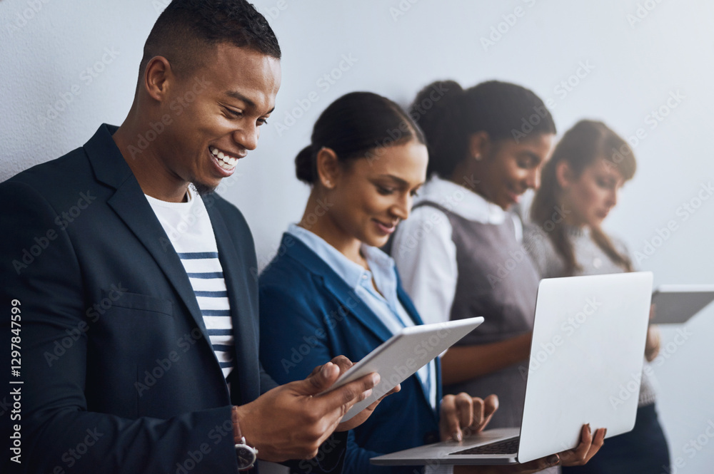 Technology, apply or business people waiting for hiring app, opportunity or job interview in office. Sign up, phone or happy candidate on tablet in corporate for employment recruitment registration Technology, apply or business people waiting for hiring app, opportunity or job interview in office. Sign up, phone or happy candidate on tablet in corporate for employment recruitment registration