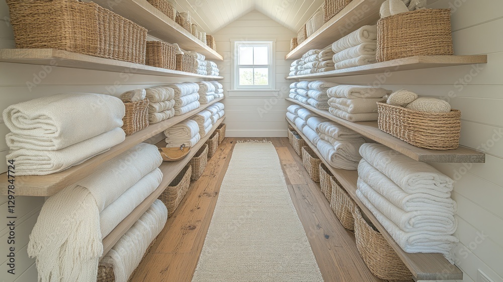 Fototapeta premium Organized linen closet with wooden shelves and baskets