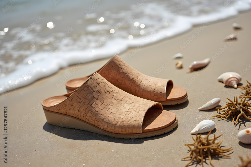 A pair of handmade cork sandals rests on a sandy beach with small waves washing up nearby, surrounded by tiny seashells and starfish A pair of handmade cork sandals rests on a sandy beach with small waves washing up nearby, surrounded by tiny seashells and starfish