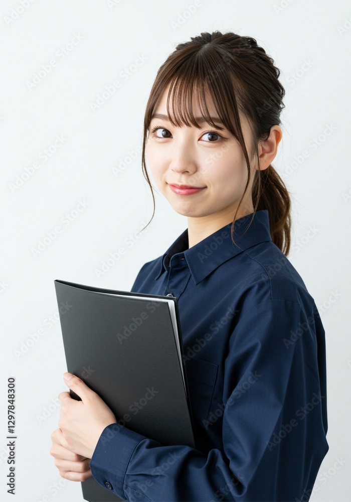 beautiful young woman standing upright confidently holding a black document folder with a smiling face on a white background beautiful young woman standing upright confidently holding a black document folder with a smiling face on a white background