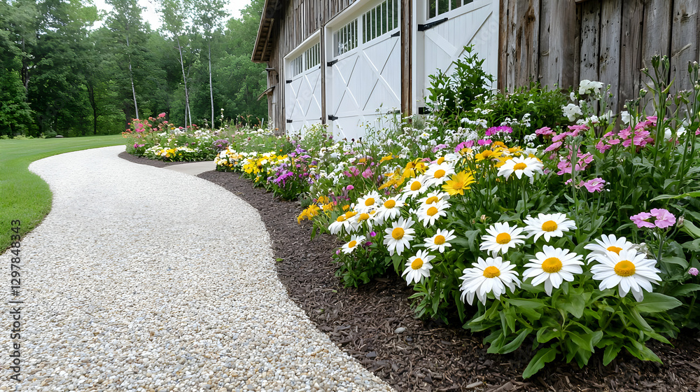 Obraz premium Curved path, flowers, barn, garden, landscape design, rural setting, stock photo