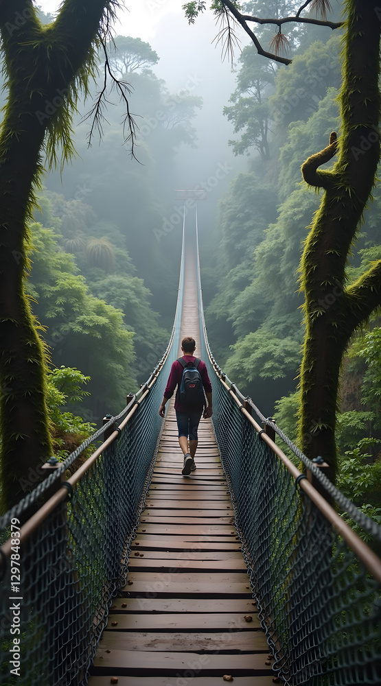 A wooden suspension bridge stretches across a misty cloud forest in Costa Rica, with a person walking cautiously, surrounded by lush greenery and an enchanting atmosphere