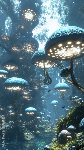 Bioluminescent Fungi Forest: Glowing Blue and Green Mushrooms in a Dreamlike Fantasy Setting