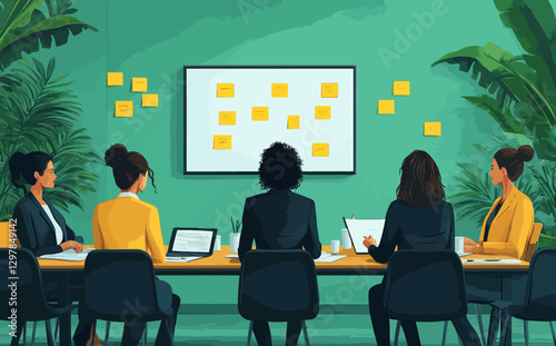 Business Workshop Concept: Vector Cartoon Illustration of Diverse Team Collaboration with Woman Presenting at Board
