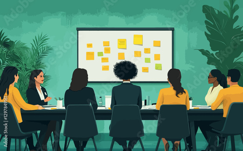 Business Workshop Concept: Vector Cartoon Illustration of Diverse Team Collaboration with Woman Presenting at Board