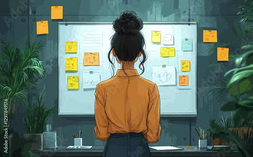 Business Workshop Concept: Vector Cartoon Illustration of Diverse Team Collaboration with Woman Presenting at Board