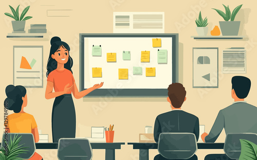 Business Workshop Concept: Vector Cartoon Illustration of Diverse Team Collaboration with Woman Presenting at Board