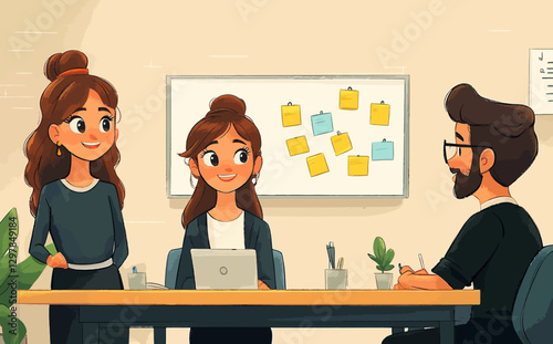 Business Workshop Concept: Vector Cartoon Illustration of Diverse Team Collaboration with Woman Presenting at Board