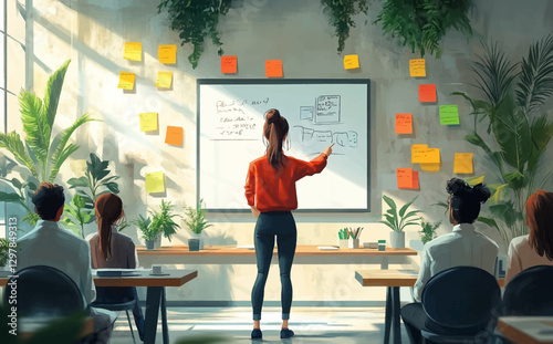 Business Workshop Concept: Vector Cartoon Illustration of Diverse Team Collaboration with Woman Presenting at Board