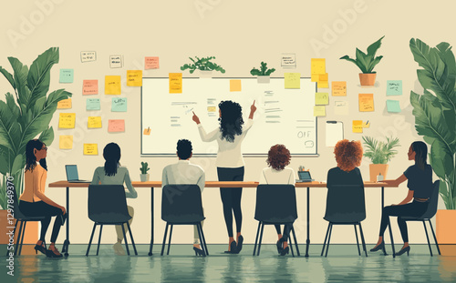 Business Workshop Concept: Vector Cartoon Illustration of Diverse Team Collaboration with Woman Presenting at Board