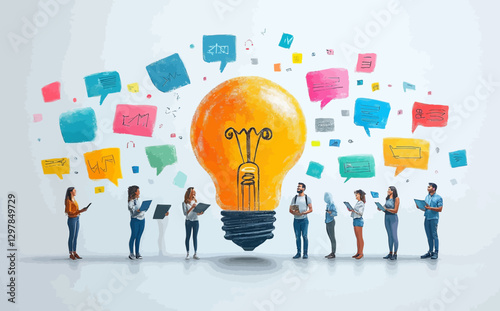 Business Workshop Concept: Vector Cartoon Illustration of Diverse Team Brainstorming with Sticky Notes and Light Bulb Ideas
