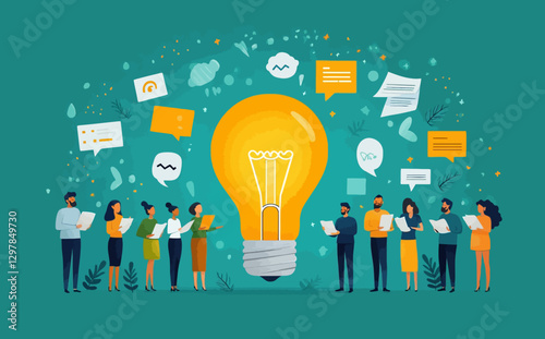 Business Workshop Concept: Vector Cartoon Illustration of Diverse Team Brainstorming with Sticky Notes and Light Bulb Ideas