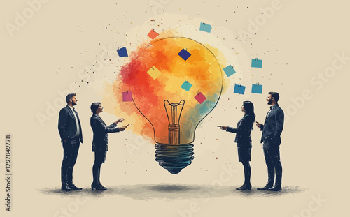 Business Workshop Concept: Vector Cartoon Illustration of Diverse Team Brainstorming with Sticky Notes and Light Bulb Ideas