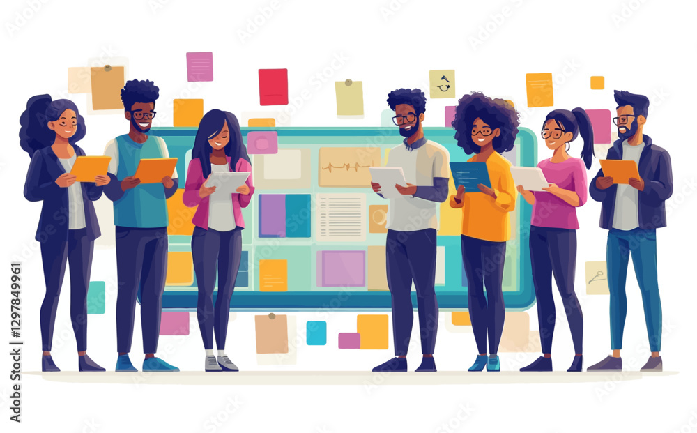 Obraz premium Business Workshop Concept: Vector Cartoon Illustration of Diverse Team Brainstorming with Sticky Notes and Light Bulb Ideas