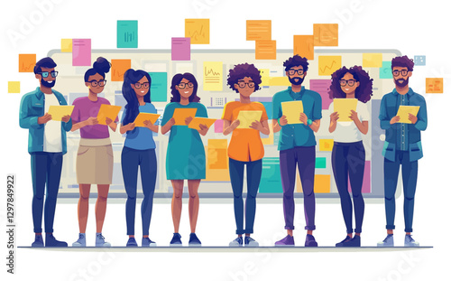 Business Workshop Concept: Vector Cartoon Illustration of Diverse Team Brainstorming with Sticky Notes and Light Bulb Ideas