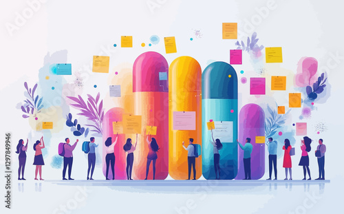 Business Workshop Concept: Vector Cartoon Illustration of Diverse Team Brainstorming with Sticky Notes and Light Bulb Ideas