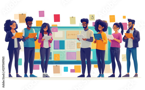 Business Workshop Concept: Vector Cartoon Illustration of Diverse Team Brainstorming with Sticky Notes and Light Bulb Ideas
