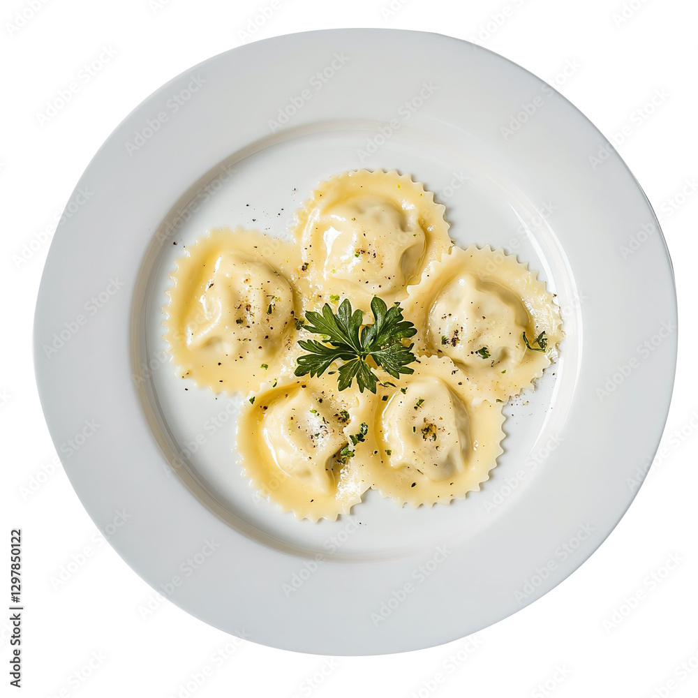 Plate of ravioli with some garnish, isolated on a white background. Plate of ravioli with some garnish, isolated on a white background.