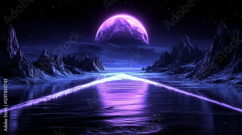Neon illuminated path to cosmic purple moon landscape fantasy night glowing water futuristic scene serene tranquility exploration