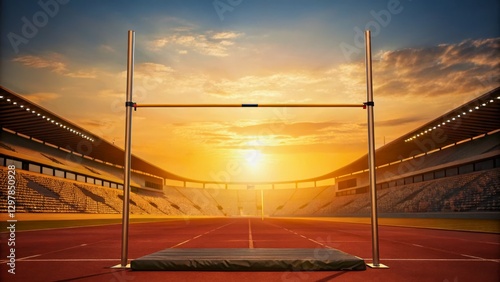 Sunset Over High Jump Bar in Empty Stadium with Vibrant Skies and Clear Track Surface