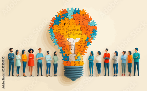 Business Brainstorm Concept: Flat Style Vector Illustration of Diverse Team Solving Light Bulb Puzzle in Professional Setting
