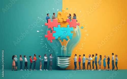 Business Brainstorm Concept: Flat Style Vector Illustration of Diverse Team Solving Light Bulb Puzzle in Professional Setting