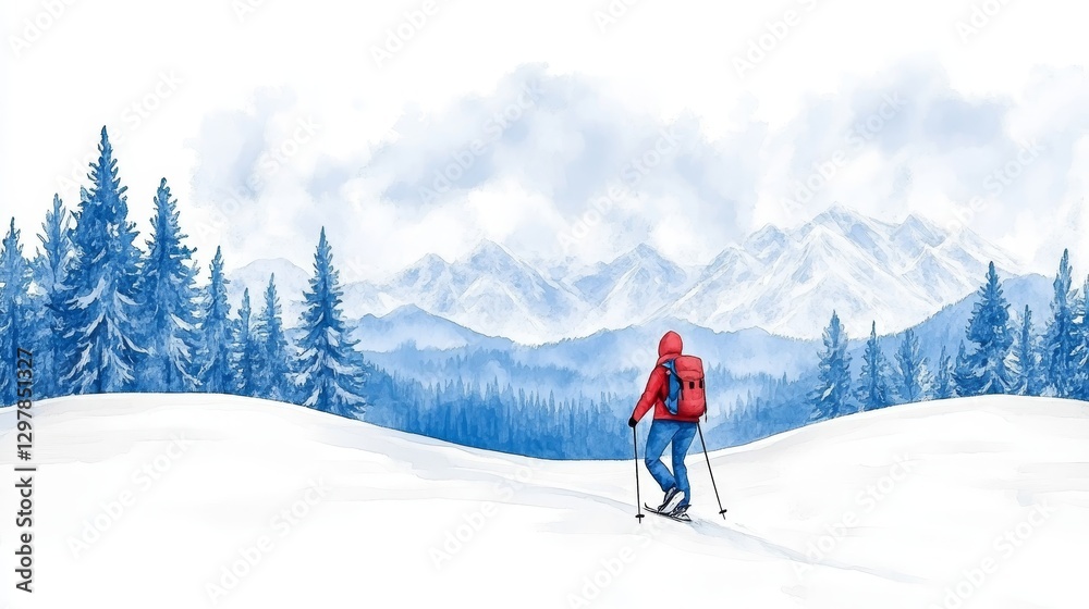 Winter landscape with skier mountain backdrop frosty pine trees snowy wilderness scenic beauty serene atmosphere outdoor activity Winter landscape with skier mountain backdrop frosty pine trees snowy wilderness scenic beauty serene atmosphere outdoor activity
