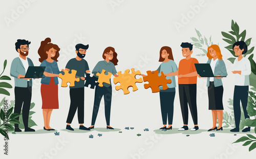 Business Teamwork Concept: Flat Style Vector Illustration of Diverse Professionals Collaborating on Puzzle Pieces