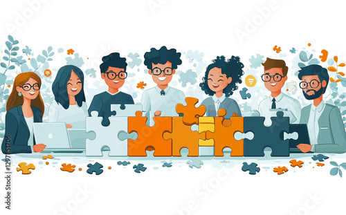 Business Teamwork Concept: Flat Style Vector Illustration of Diverse Professionals Collaborating on Puzzle Pieces