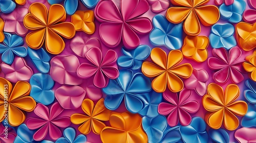 Vibrant Colorful 3D Flower Pattern Background Design Abstract Floral Texture Summer Spring Festive Decoration Bright Bold Orange Pink Blue Flowers    